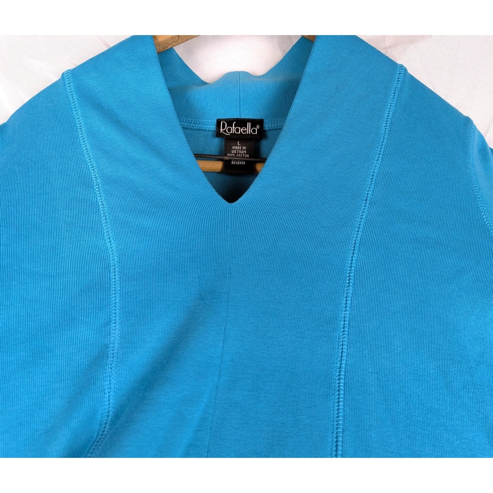 Rafaella Womens Large Turquoise Blue V-Neck Long Sleeve Ribbed Cotton Top